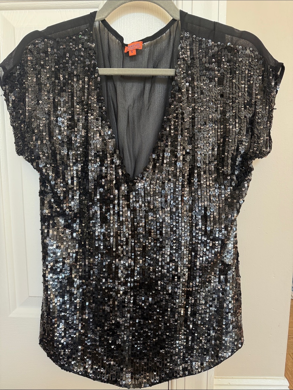 Chan Luu Black Sequin V-Neck Short Sleeve Top